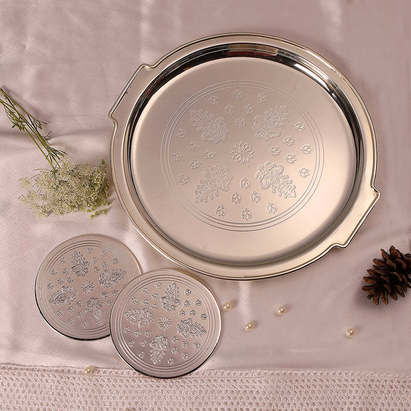 Brass Tray with Coasters | Silver Plated | Set of 3