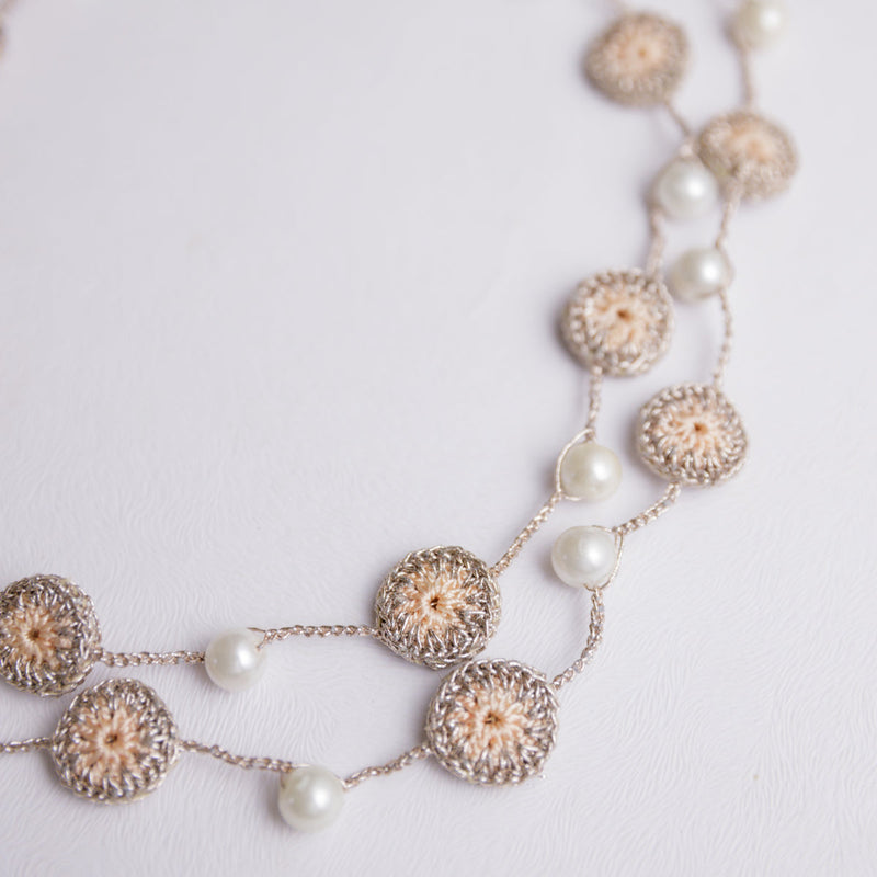 Metallic Thread & Pearl Necklace | Golden & Cream
