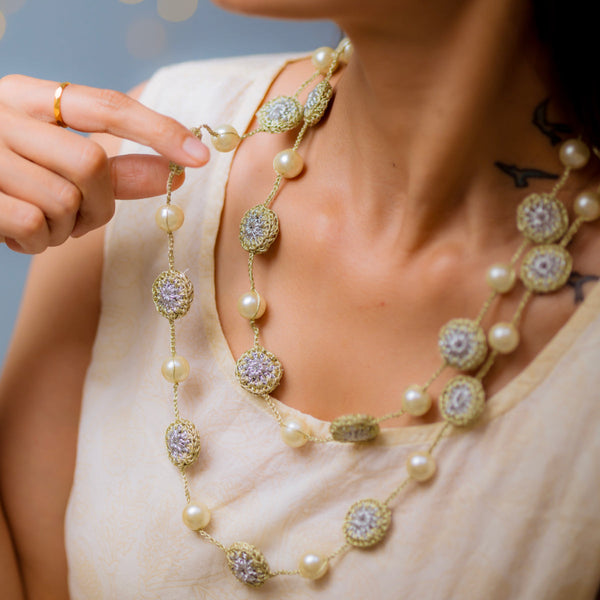 Metallic Thread & Pearl Necklace | Golden