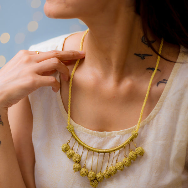 Necklace For Women | Metallic Thread & Wooden Rings | Gold