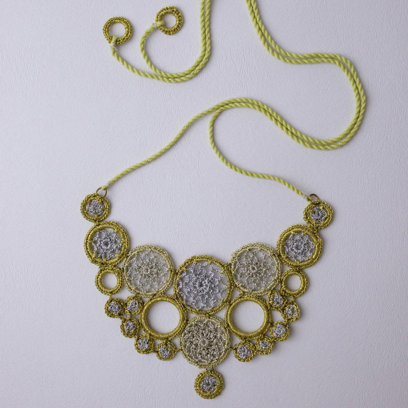 Crochet Necklace | Metallic Thread & Wooden Beads | Gold