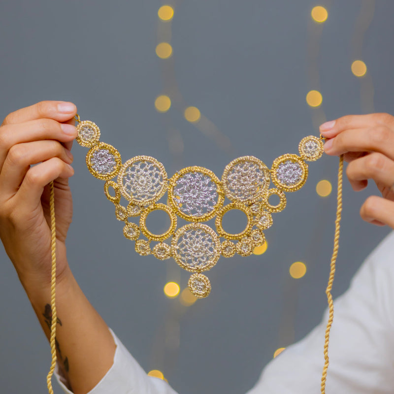 Crochet Necklace | Metallic Thread & Wooden Beads | Gold