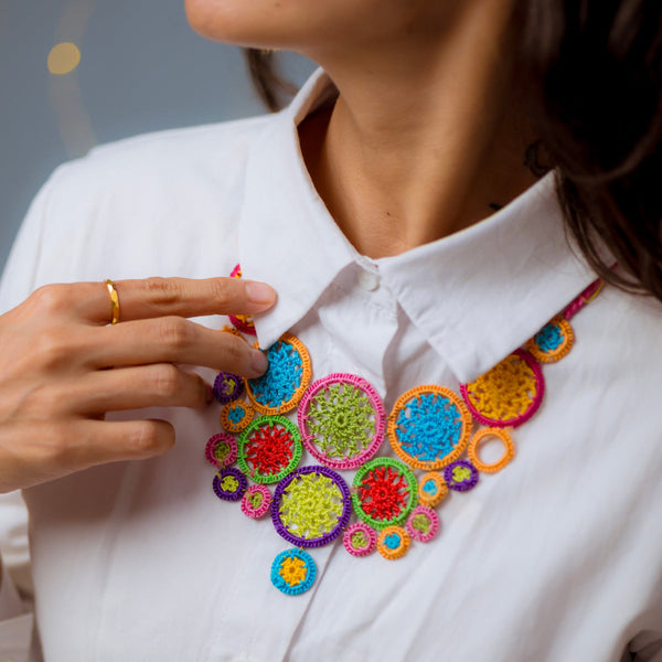 Crochet Necklace | Metallic Thread & Wooden Beads | Multicolour
