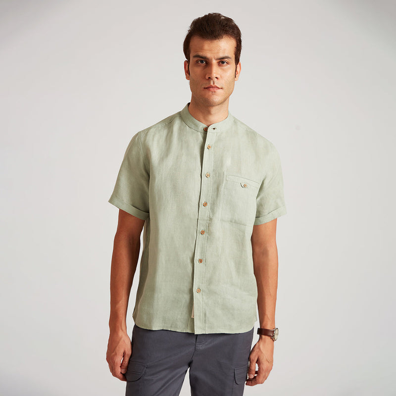 Organic Linen Shirt for Men | Half Sleeves | Sage Green