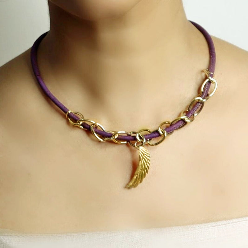 Upcycled Cork Necklace | Gold Toned Angel Wing | Purple