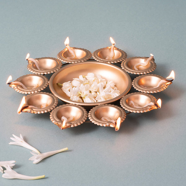 Brass Lotus Urli with Diyas | Gold Finish