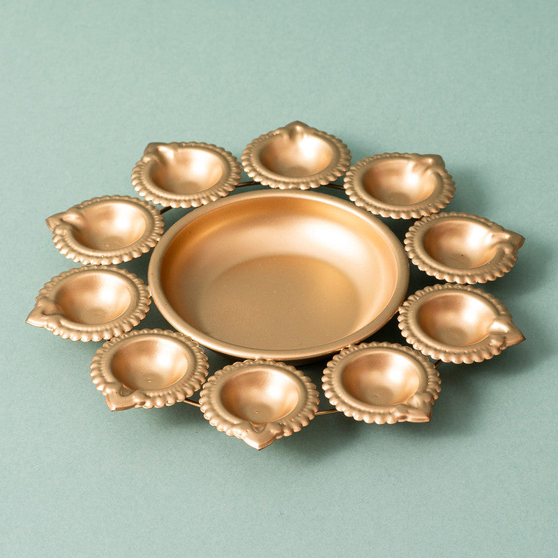 Brass Lotus Urli with Diyas | Gold Finish