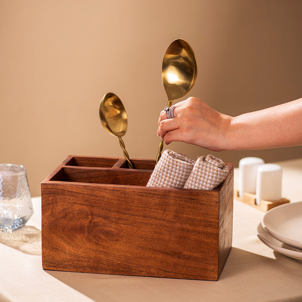 Wooden Cutlery Holder Organizer | Spoon & Fork Stand | Brown