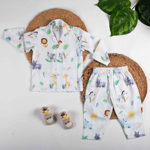 Organic Cotton Nightsuit for Babies & Kids | Safari Animals Print | Yellow