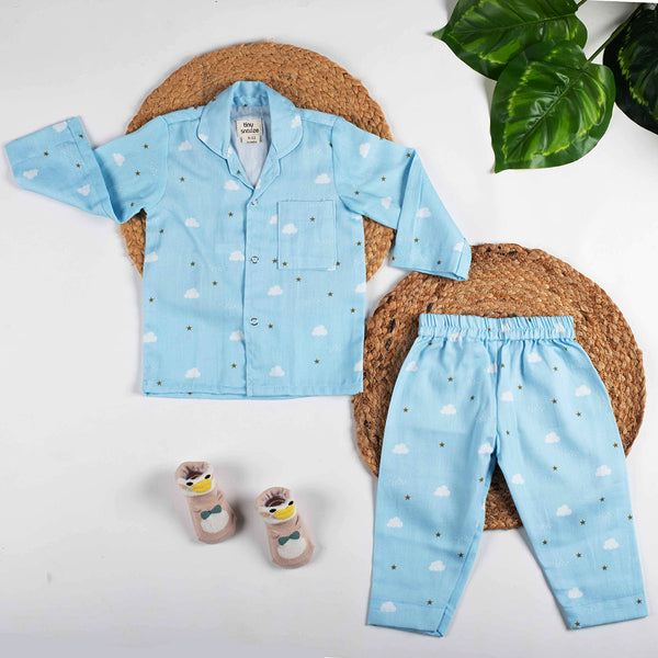 Organic Cotton Nightsuit for Babies & Kids | Sky Print | Blue