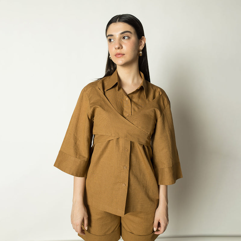Brown Shirt for Women | Hemp Cotton | Flared Sleeves