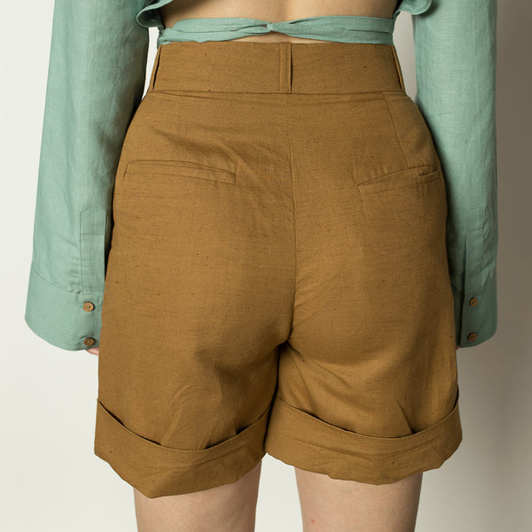 Hemp Cotton Shorts for Women | Folded Cuffs | Brown