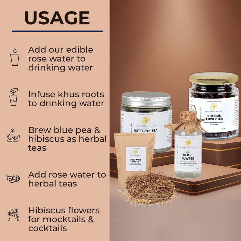 Tea Combo Set | Khus Roots | Rose Water | Butterfly Pea | Hibiscus Tea | Set of 4