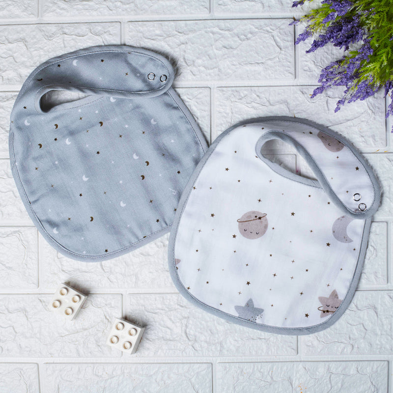 Organic Cotton Baby Bibs | Starry Night Print | Grey | Set Of 2