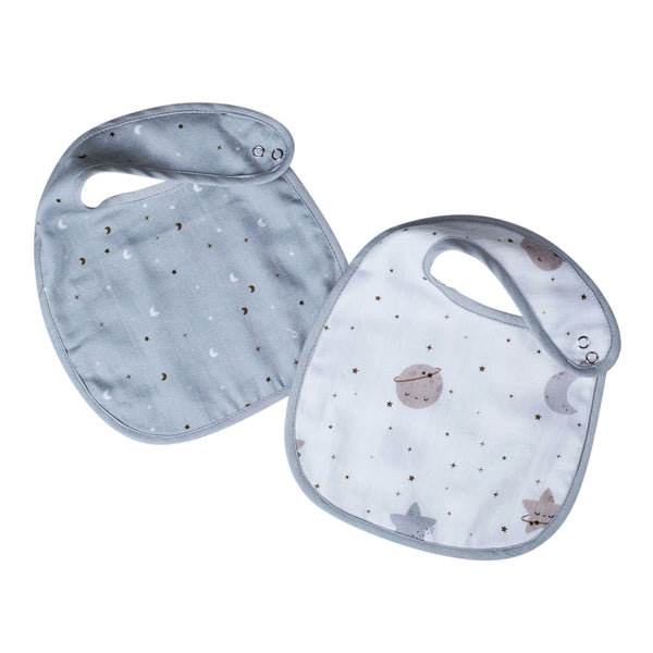 Organic Cotton Baby Bibs | Starry Night Print | Grey | Set Of 2