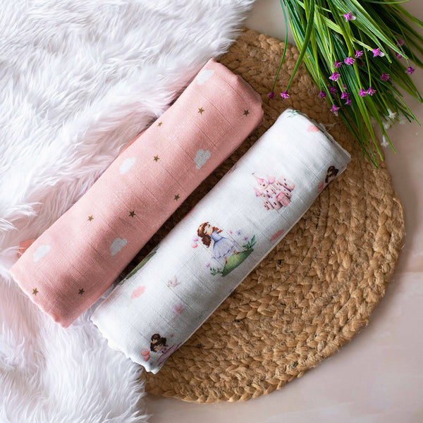 Organic Cotton Baby Swaddle | Fairytale Print | Pink | Set of 2