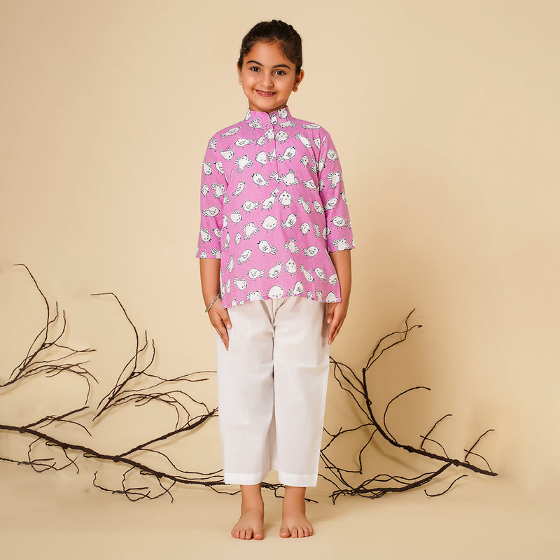 Cotton Night Suit for Kids | Kurta Pajama Set | Bird Print | Pink