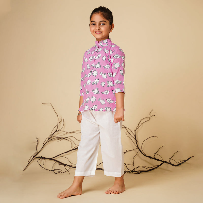 Cotton Night Suit for Kids | Kurta Pajama Set | Bird Print | Pink