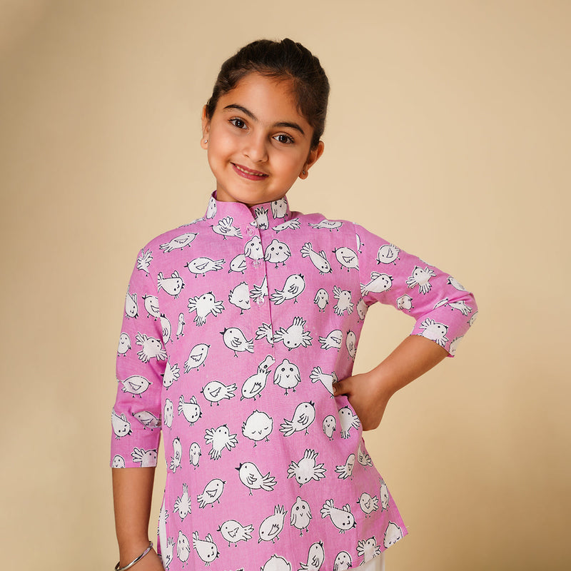 Cotton Night Suit for Kids | Kurta Pajama Set | Bird Print | Pink