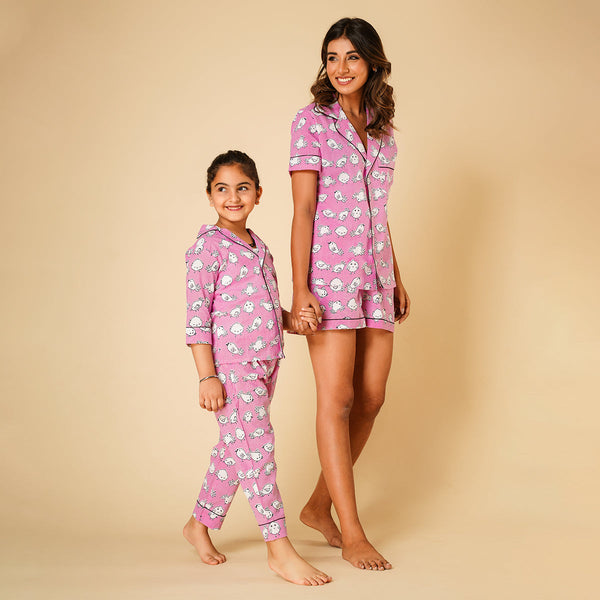 Cotton Night Suit for Kids | Shirt Pajama Set | Bird Print | Pink