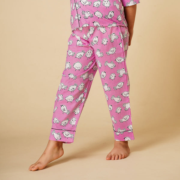 Cotton Night Suit for Kids | Shirt Pajama Set | Bird Print | Pink