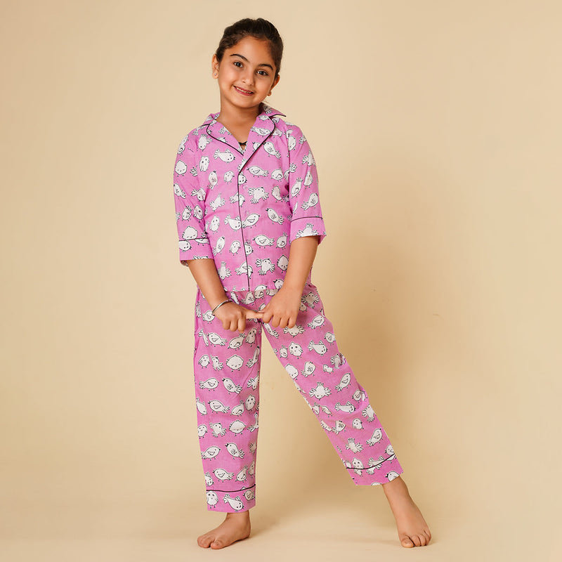 Cotton Night Suit for Kids | Shirt Pajama Set | Bird Print | Pink