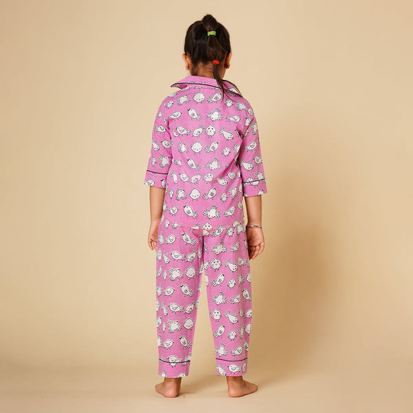 Cotton Night Suit for Kids | Shirt Pajama Set | Bird Print | Pink