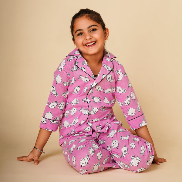 Cotton Night Suit for Kids | Shirt Pajama Set | Bird Print | Pink