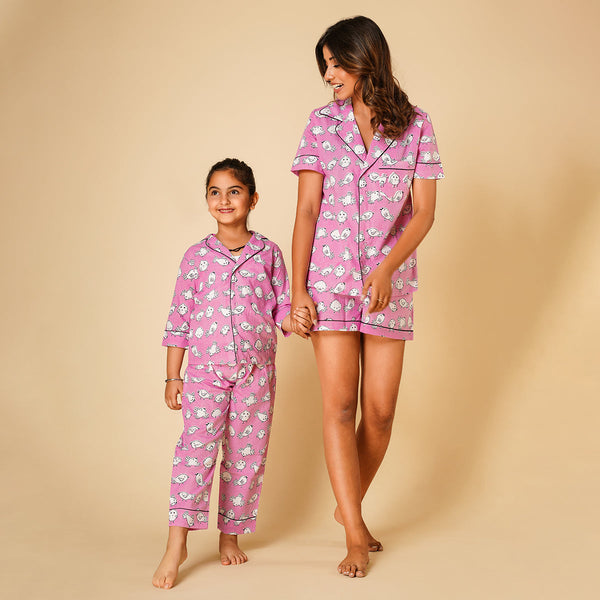 Cotton Night Suit for Kids | Shirt Pajama Set | Bird Print | Pink