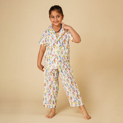 Cotton Night Suit for Kids | Shirt Pajama Set | Fish Print | White.