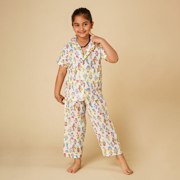 Cotton Night Suit for Kids | Shirt Pajama Set | Fish Print | White