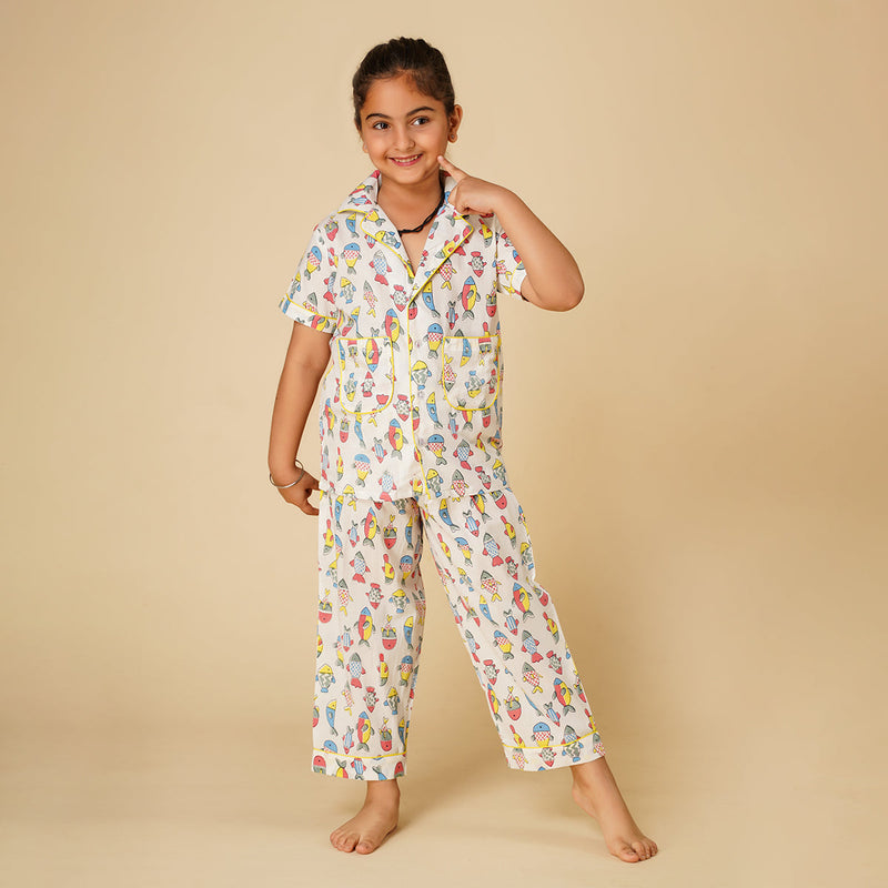 Cotton Night Suit for Kids | Shirt Pajama Set | Fish Print | White