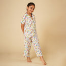 Cotton Night Suit for Kids | Shirt Pajama Set | Fish Print | White