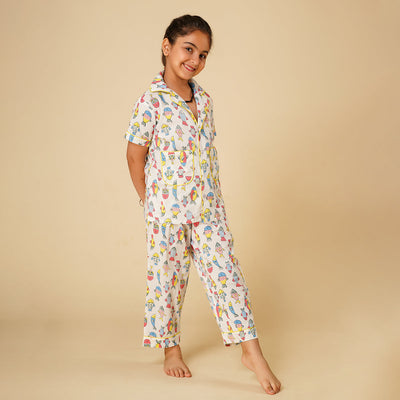 Cotton Night Suit for Kids | Shirt Pajama Set | Fish Print | White.