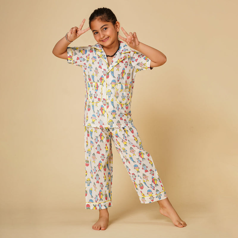 Cotton Night Suit for Kids | Shirt Pajama Set | Fish Print | White