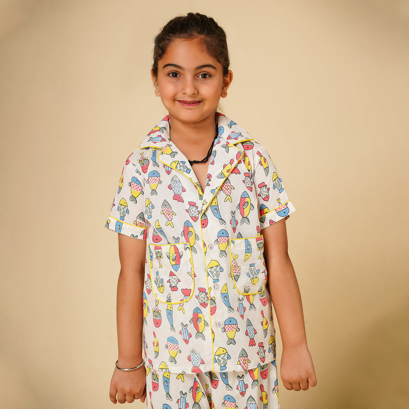 Cotton Night Suit for Kids | Shirt Pajama Set | Fish Print | White