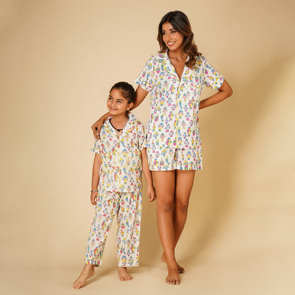 Cotton Night Suit for Kids | Shirt Pajama Set | Fish Print | White