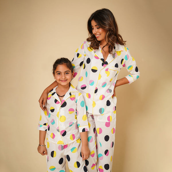 Cotton Night Suit for Kids | Shirt Pajama Set | Polka Print | White