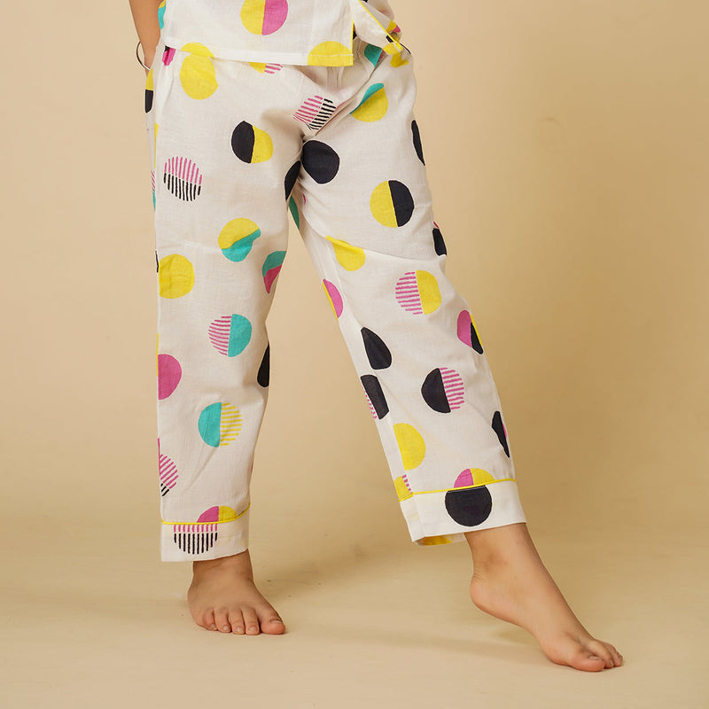 Cotton Night Suit for Kids | Shirt Pajama Set | Polka Print | White