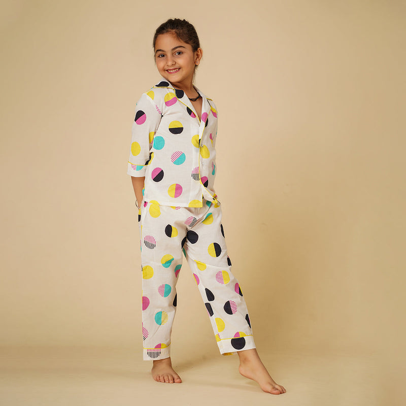 Cotton Night Suit for Kids | Shirt Pajama Set | Polka Print | White