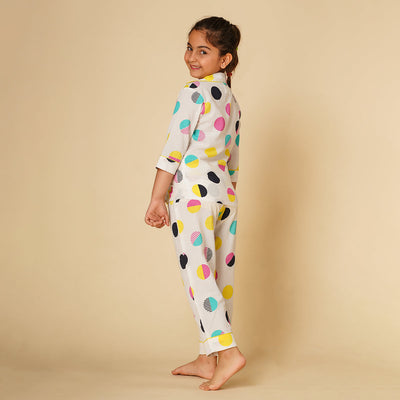 Cotton Night Suit for Kids | Shirt Pajama Set | Polka Print | White