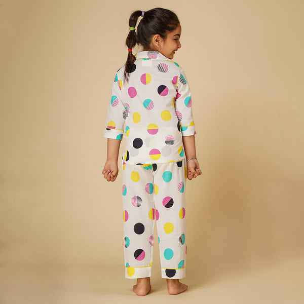 Cotton Night Suit for Kids | Shirt Pajama Set | Polka Print | White