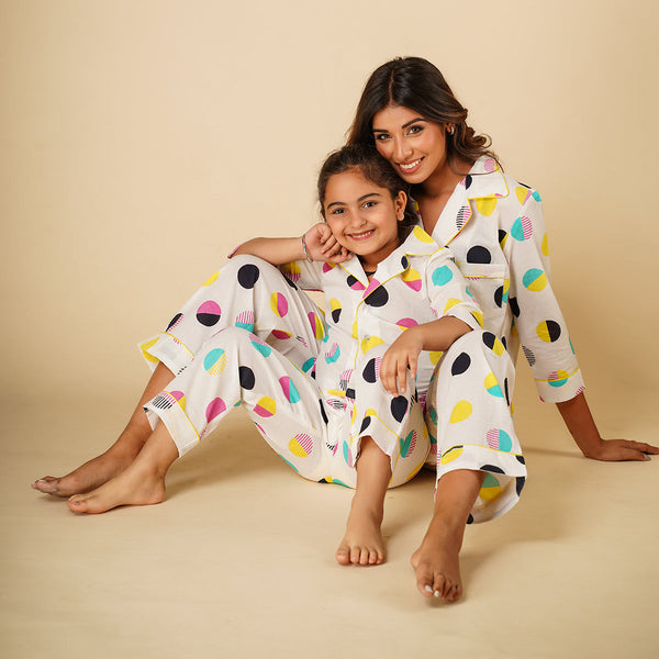 Cotton Night Suit for Kids | Shirt Pajama Set | Polka Print | White