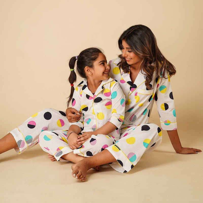 Cotton Night Suit for Kids | Shirt Pajama Set | Polka Print | White