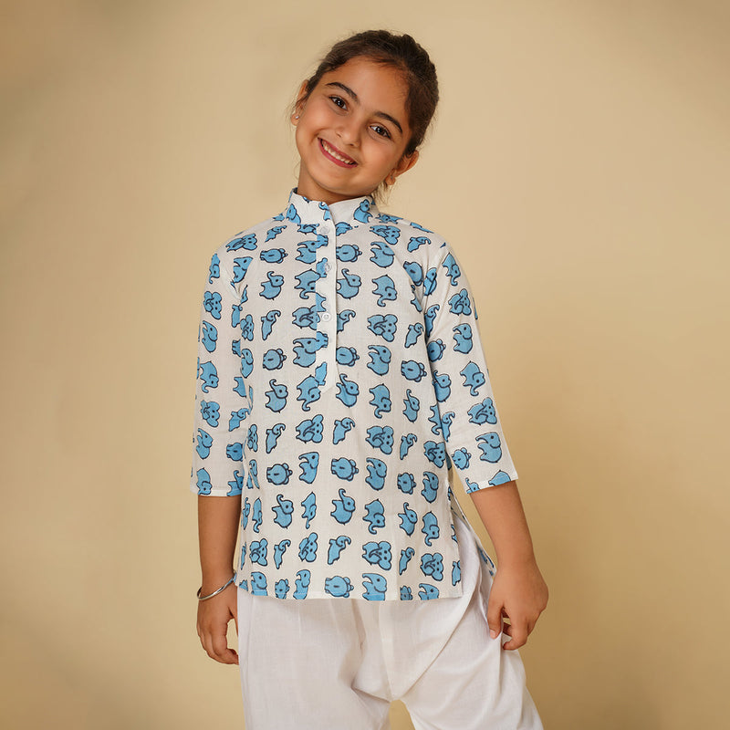 Cotton Night Suit for Kids | Kurta Pajama Set | Elephant Print | Blue