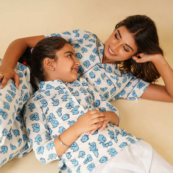 Cotton Night Suit for Kids | Kurta Pajama Set | Elephant Print | Blue