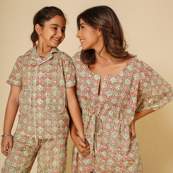 Cotton Night Suit for Kids | Shirt Pajama Set | Printed | Green