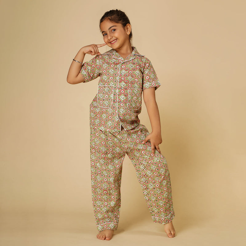 Cotton Night Suit for Kids | Shirt Pajama Set | Printed | Green