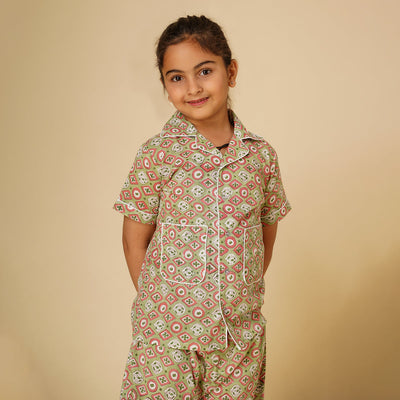 Cotton Night Suit for Kids | Shirt Pajama Set | Printed | Green