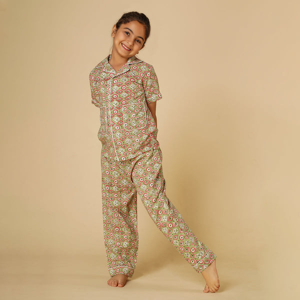 Cotton Night Suit for Kids | Shirt Pajama Set | Printed | Green